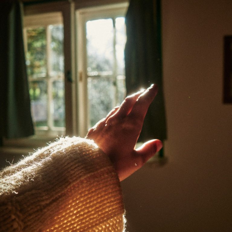 Jemand macht eine somatische Übung zur Nervensystemregulation, man sieht davon nur den ausgestreckten Arm in warmem Sonnenlicht.